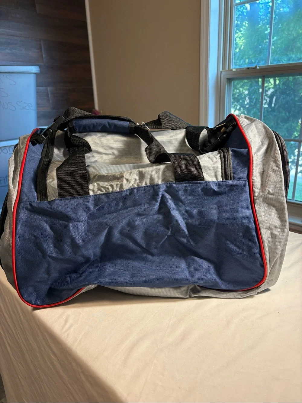 NFL Patriots Navy and Gray Duffel Bag with Red Trim